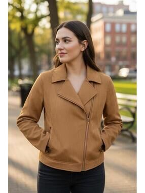 KIRUNDO Women's Super Soft Faux Suede Carmel Moto Biker Jacket Size S NWT